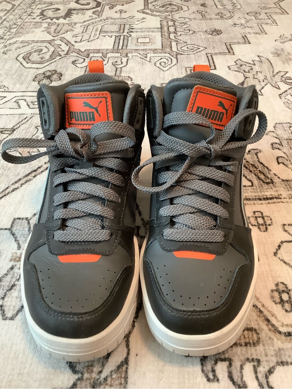 Boys Puma Gray and Orange High-Top Sneakers